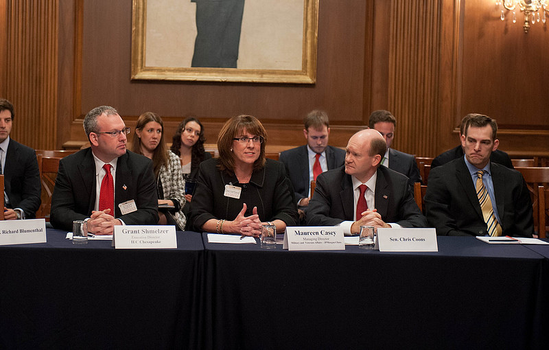 Senator Coons was joined by Maureen Casey and U.S. Army First Lieutenant Anthony K. Odierno, both of JPMorgan Chase's Military & Veterans Affairs Department at a Senate roundtable on boosting the hiring of veterans held in the Capitol on November 20, 2013.