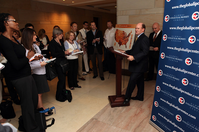 Photo of Senator Coons speaking at event on intellectual property