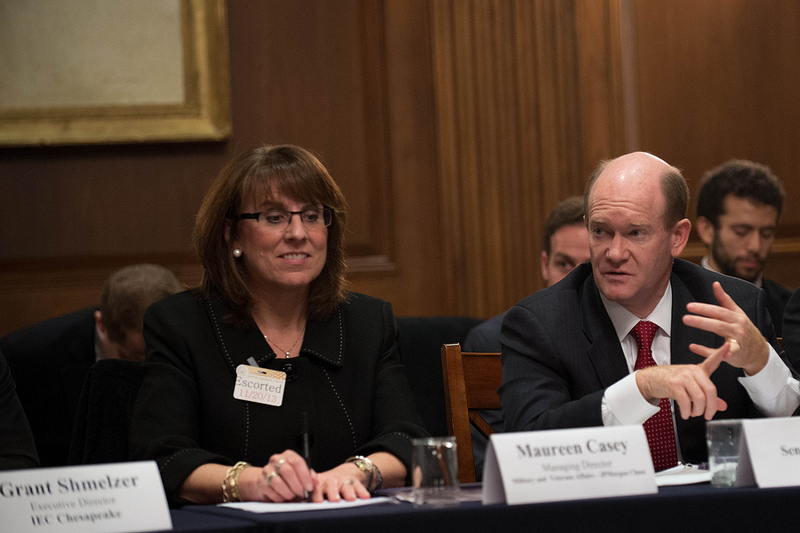 Senator Coons was joined by Maureen Casey and U.S. Army First Lieutenant Anthony K. Odierno, both of JPMorgan Chase's Military & Veterans Affairs Department at a Senate roundtable on boosting the hiring of veterans held in the Capitol on November 20, 2013.