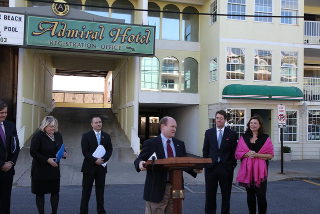 Senator Coons joined regional representatives from the Small Business Administration (SBA), and members of the Delaware business community on Tuesday in congratulating Admiral Hotel owners Chad and Elyse Moore for running the first business in Delaware to be approved for a SBA commercial refinancing loan. 