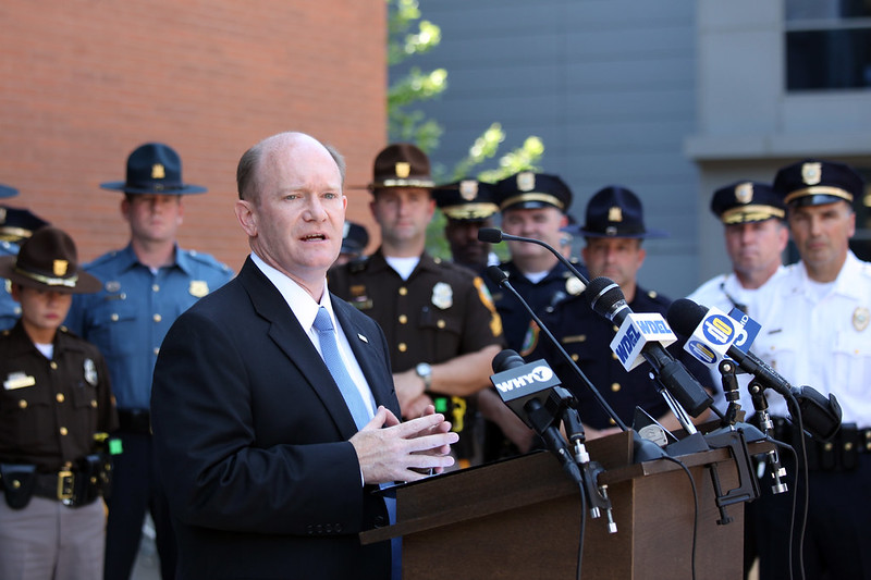 Senator Coons speaks at a press event about the Bulletproof Vest Partnership