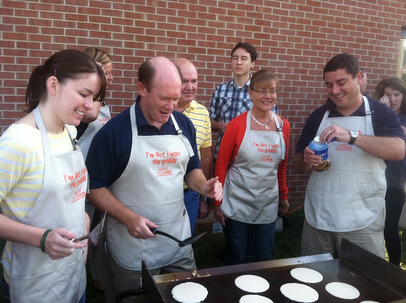 Senator Coons flips pancakes with Team Fox fo the Michael J. Fox Foundation for Parkinson's Research at the annual Pancakes for Parkinson's event on September 21, 2013.